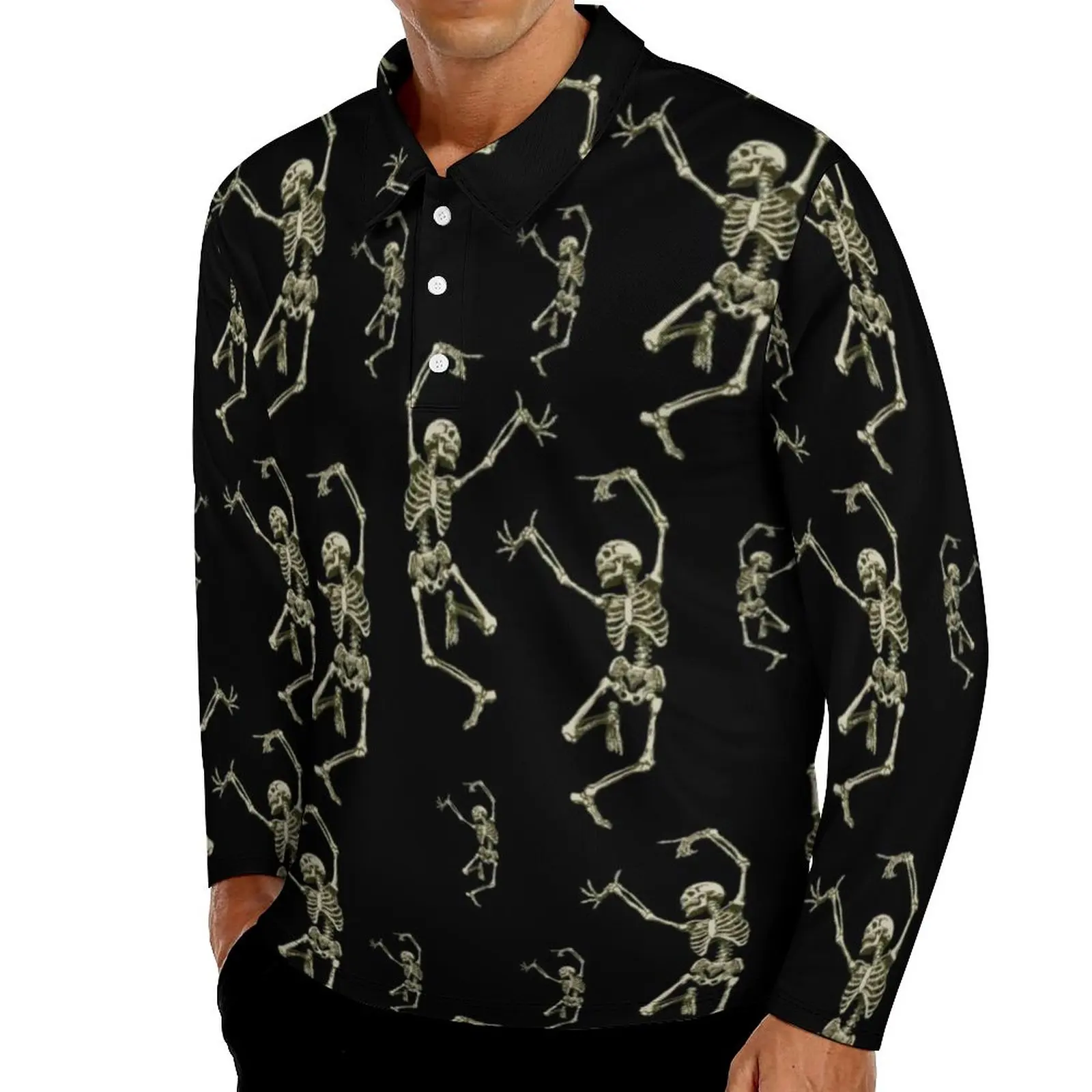 

Повседневная рубашка-поло с принтом танцующих скелетов, футболки с художественным принтом на Хэллоуин, рубашка с длинным рукавом и принтом,...