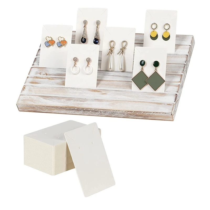 Wooden Earring Display Holder, Rustic Wood Jewelry Organizer,With 100Pcs Earring Cardboard For Selling Earring Jewelry