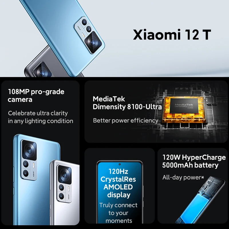 Najtaniej Xiaomi Mi 12T Wersja Globalna Smartphone Dimensity 8100-Ultra 120Hz Wyświetlacz AMOLED 108MP Potrójne Kamery 120W Turbo ładowanie NFC