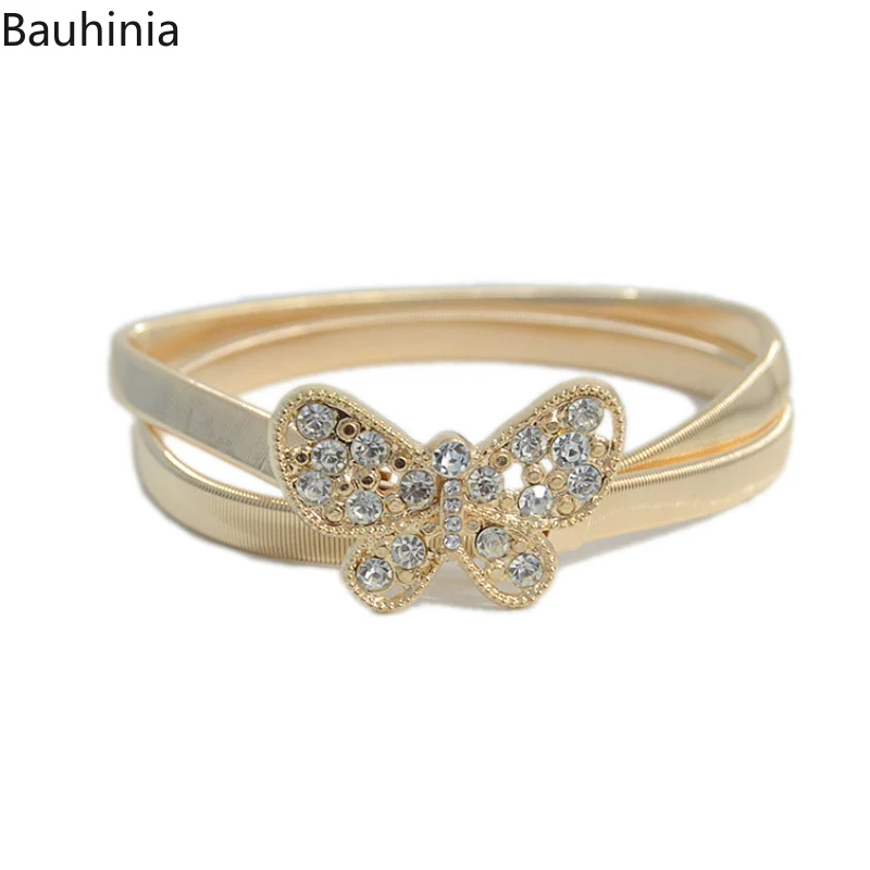 

Bauhinia New 65-85cm Rhinestone Inlaid Youth Simple Gold Thin Belt Woman Casual Metal Spring Dress Elastic Belt