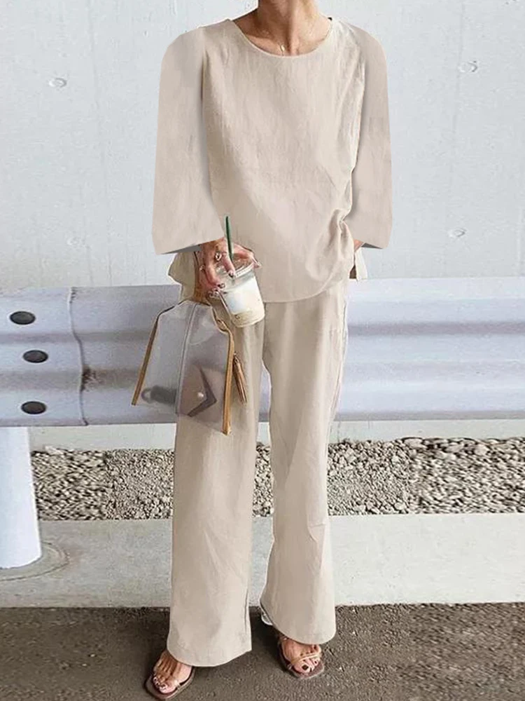 

Spring Autumn Ladies Fashion Long Sleeve O-Neck Top + Pocket Wide Leg Pants Sets Solid Color 2-Piece Set Casual Women Loose Suit