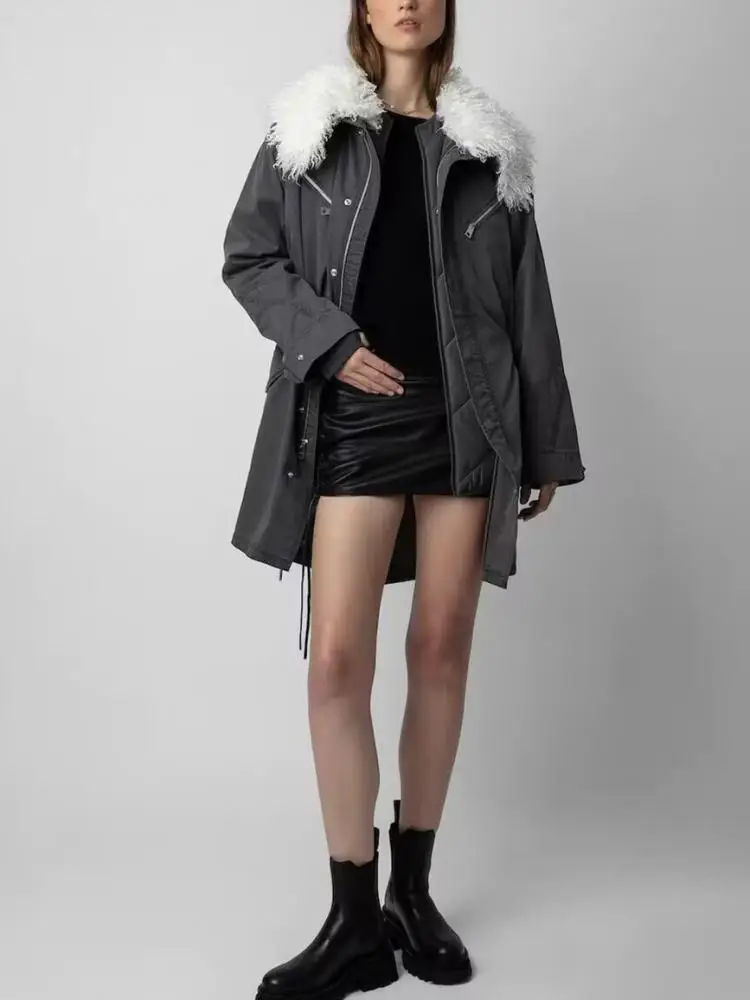 

Женская однобортная куртка на молнии, Белая теплая куртка с меховым воротником и асимметричным подолом, с длинным рукавом, Осень-зима 2023