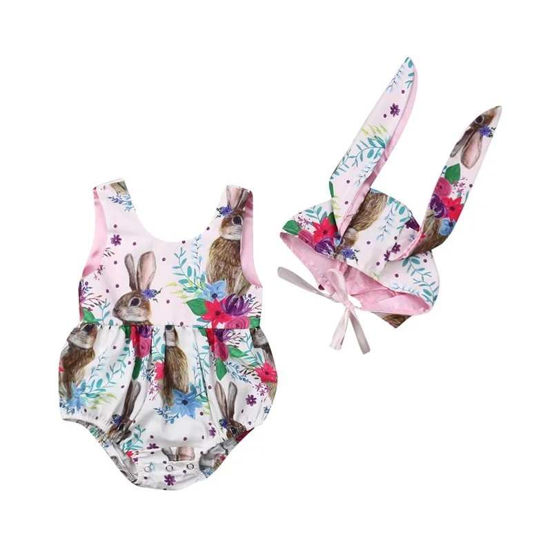 

Baby Infant Girl's Romper Set Sleeveless Rabbit Printed Snap Closure Romper + Bunny Ear Hat Easter Day Clothing