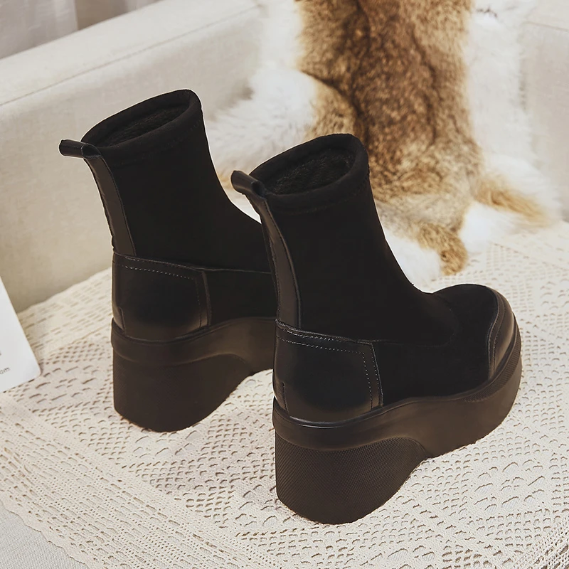 Autumn and winter thick-soled women's shoes fashion round head ankle boots 2022 winter stretch black boots comfortable Botas