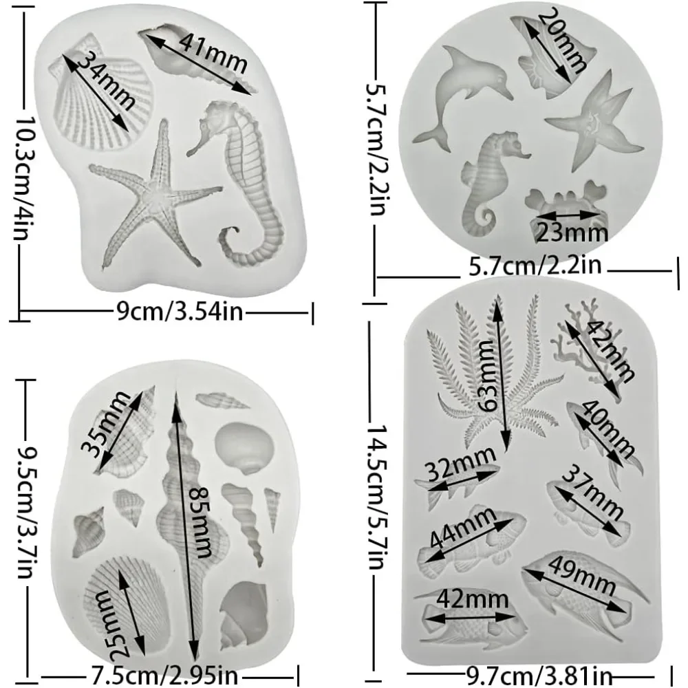 For 4PCS Marine Theme Fondant Silicone Mold Seaweed Sea Fish Crab Coral Conch Shells Shape DIY Handmade Baking Tools