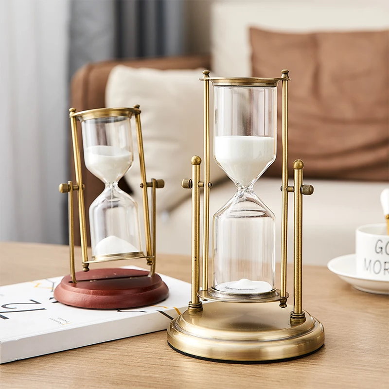 

European Retro Metal Hourglass Sandglass Home Decoration Sand Clock Timer Wooden Base Hourglass Living Room Office Desktop Decor