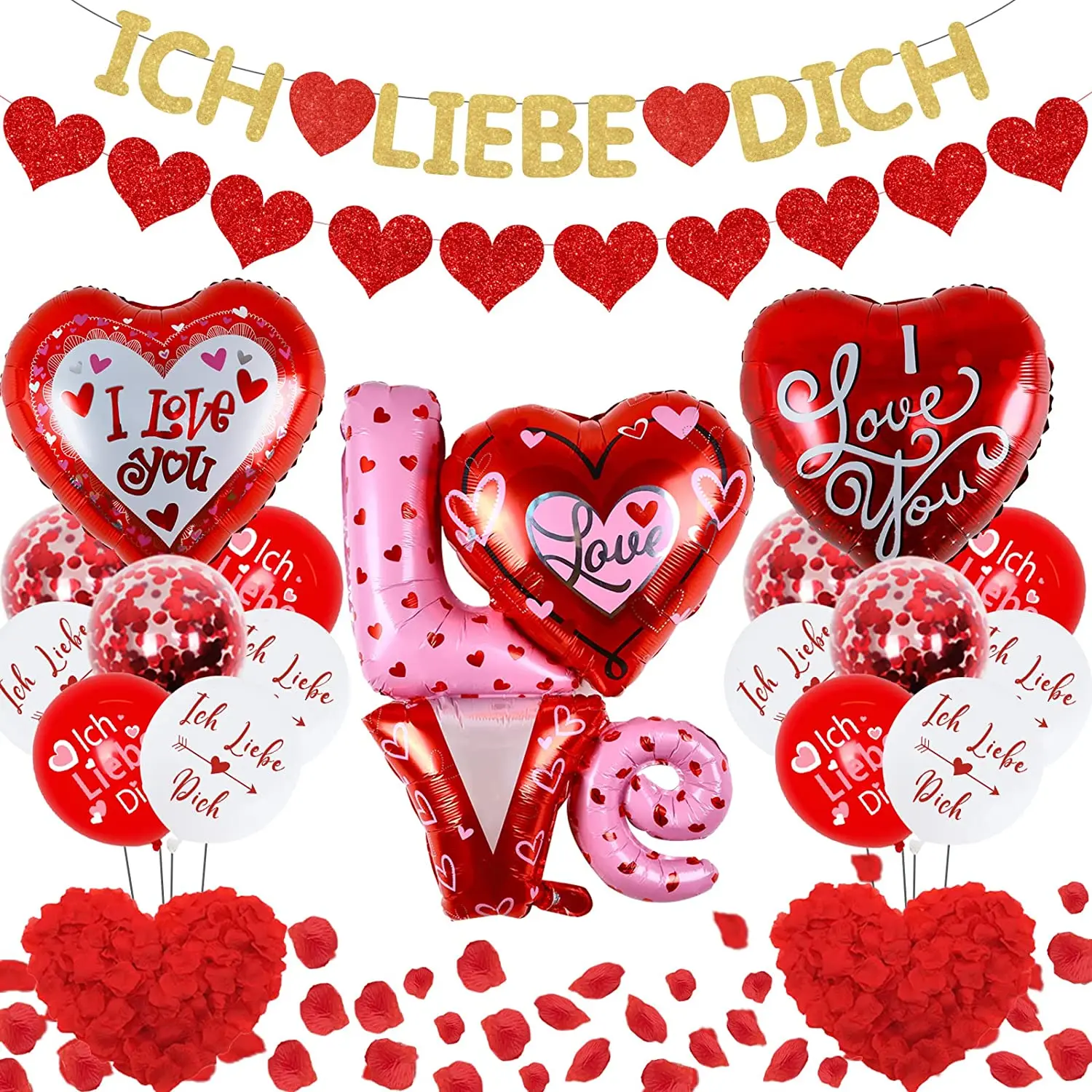 

Funmemoir ICH LIEBE DICH Wedding Decoration Red Love Balloons Heart Banner Rose Petal for Proposal Engagement Valentine's Day