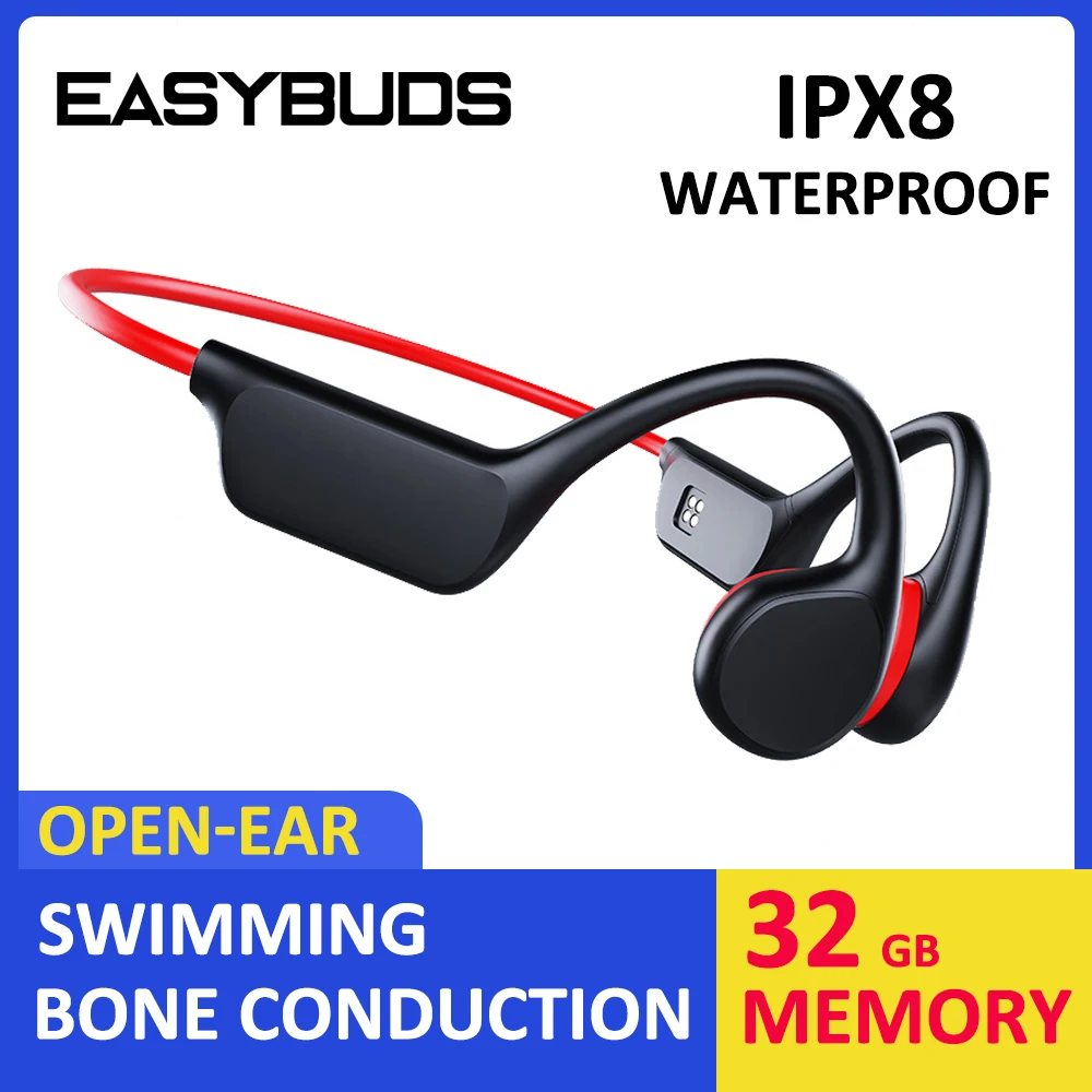 EASYBUDS Bone Conduction Bluetooth Earphone Wireless IPX8 Underwater Swimming Open Ear Headphones 32GB IP68 Waterproof Headset