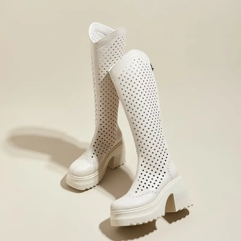 10cm Genuine Leather Mid Calf Thick Sandal Booties Summer Antiskid Hollow Women  Fashion Zipper Design High Boots Platform Shoes