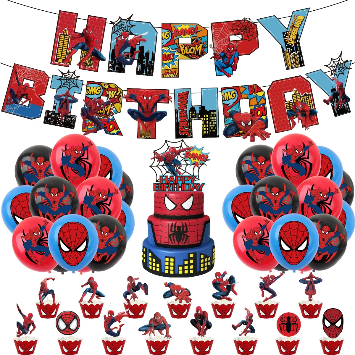 

Spiderman Theme Children's Birthday Party Supplies Super Hero Banner Balloon Cake Insert Home Decoration Tableware Set Kid Gifts