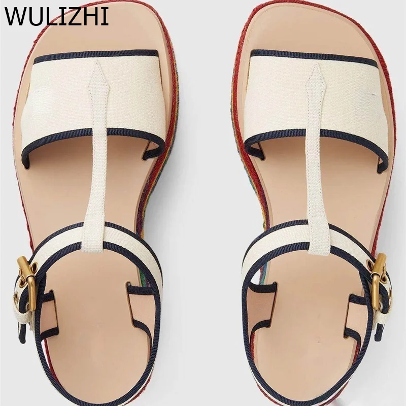 Women Rainbow Boost Platform Espadarille Sandals Open Buckle Nylon Strap Flats Casual Mixed Colors Graffiti Fashion Sewing Shoes