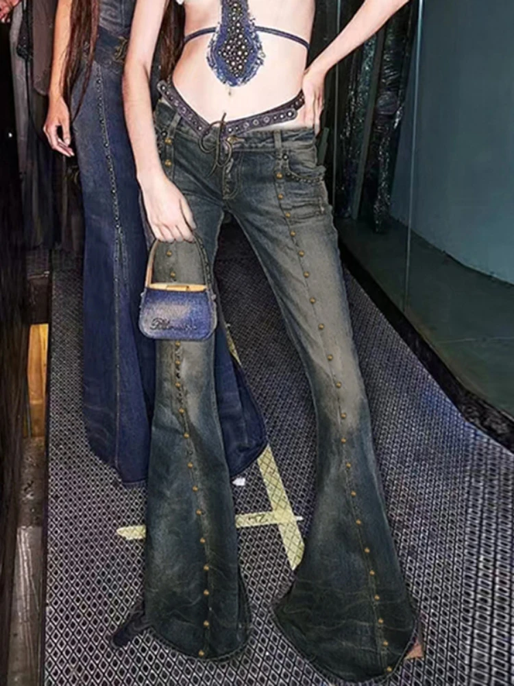 

Rivet Low Rise Vintage Jeans Women Y2K Aesthetic Slim Flare Pants Street Fashion Tech Retro Grunge Fairycore Chic Denim Trouser
