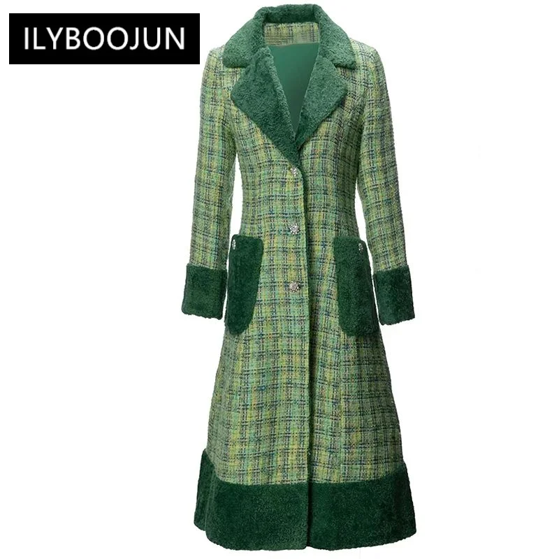 

Winter Plaid Tweed Coat Women Long Sleeve Crystal Single Breasted Pockets High Street Outerwear For Women 2023 Luxury Brand High