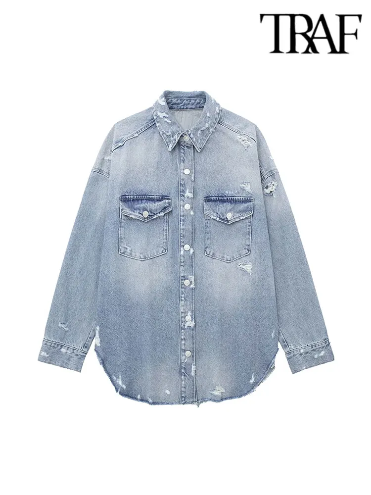 

TRAF 2023 New Women Fashion Hole Decoration Denim Shirt Coat Vintage Long Sleeve Frayed Female Outerwear Chic Tops
