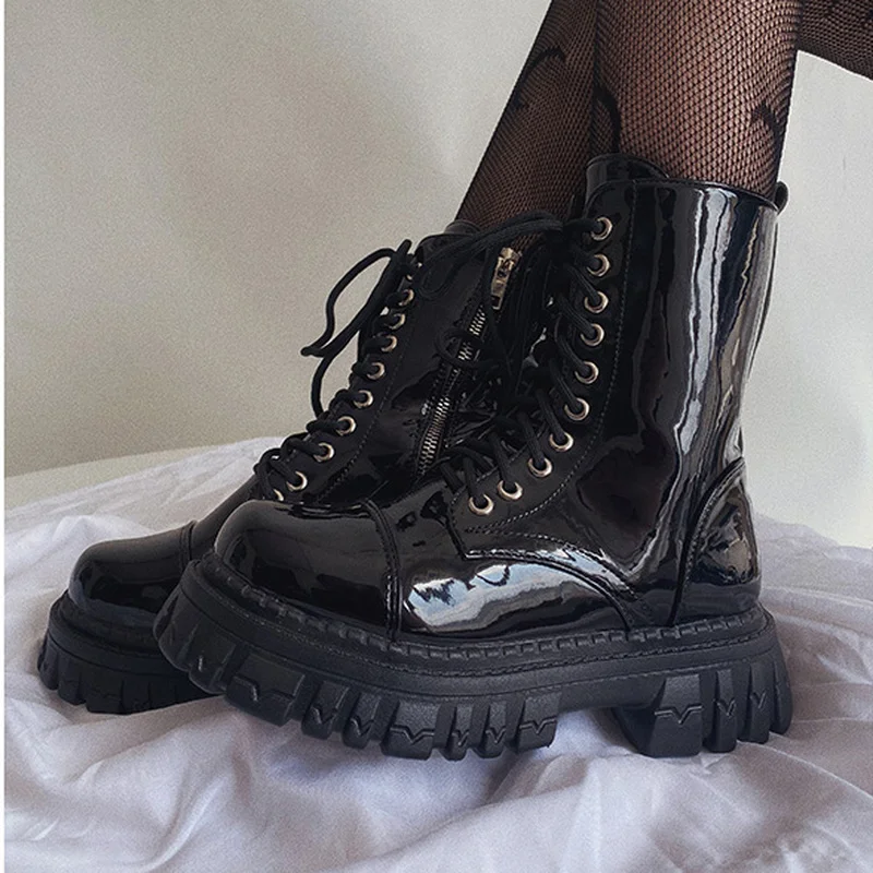 

New 2022 Cool Punk Women Motorcycle Boots Lace Up Chunky Platform Goth Shoes Casual Brand Combat Street Shoes Zapatos De Muje