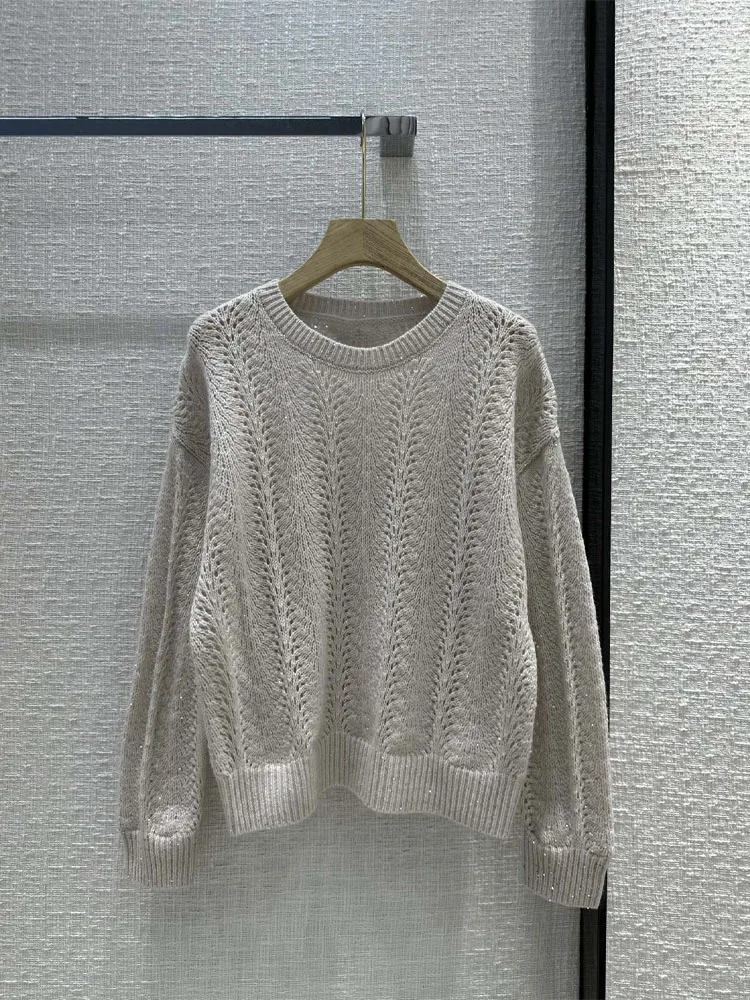 

2023 New Women Autumn And Winter Fashion Comfortable Sequins Holow out Design Wool Long Sleeves Knitted O-Neck Sweater