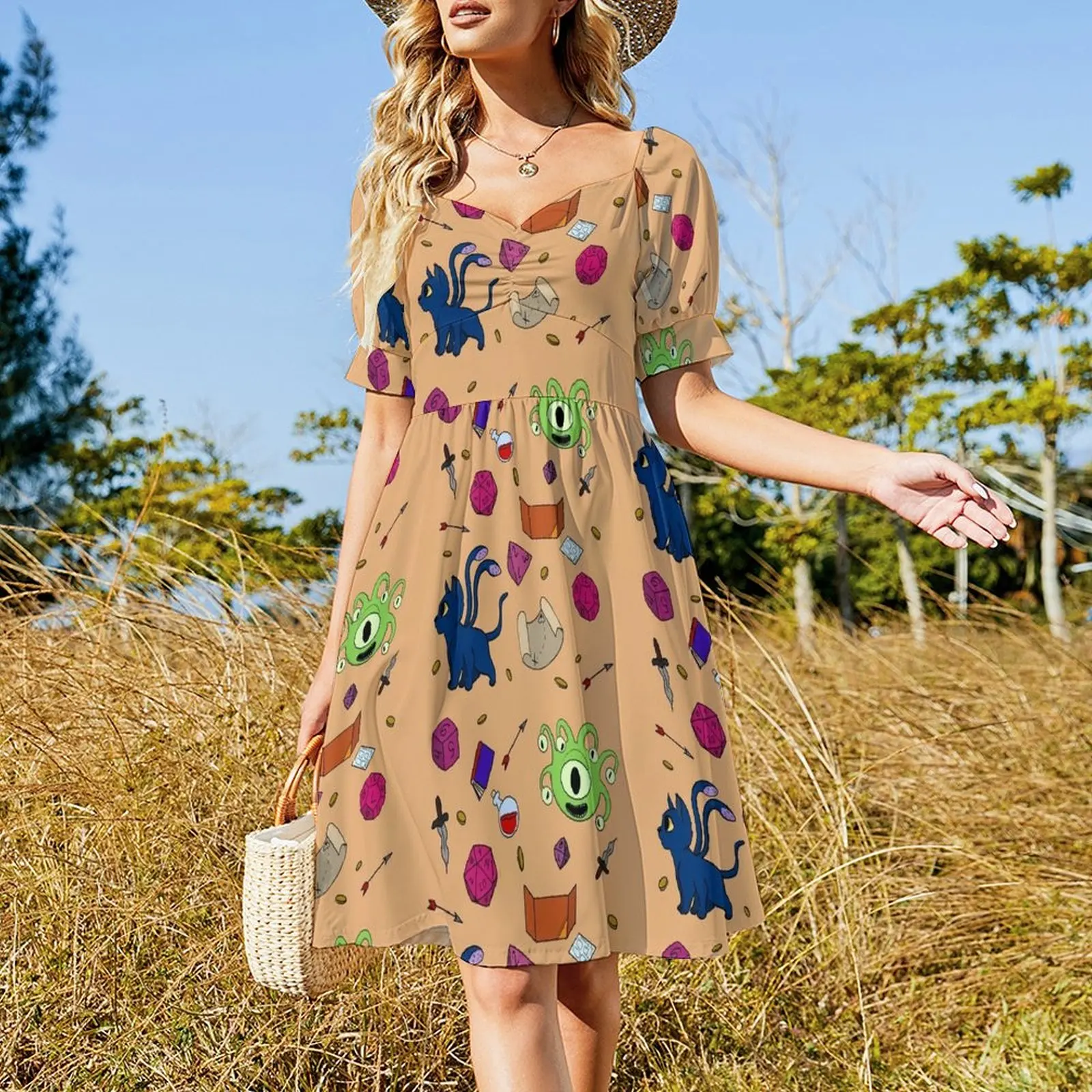 Платье с короткими рукавами и милым узором DnD женская летняя юбка летнее женское