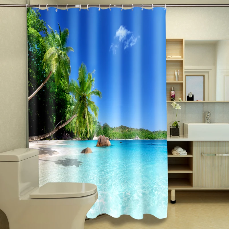 

3d Shower Curtains Seascape and Coconut Tree Pattern Bathroom Curtain Waterproof Thickened Bath Curtain Customizable