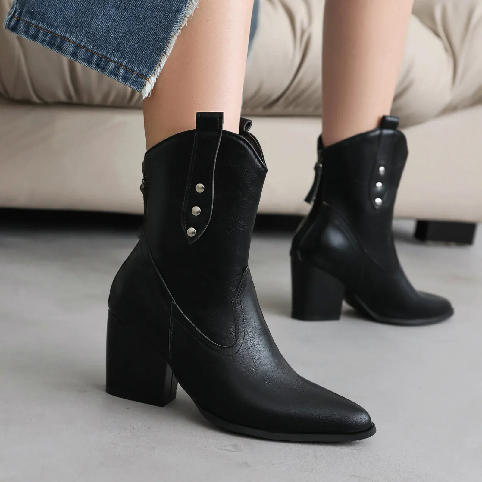 2024 Ботинки челси на толстом каблуке с заклепками и молнией сзади 2023 женские