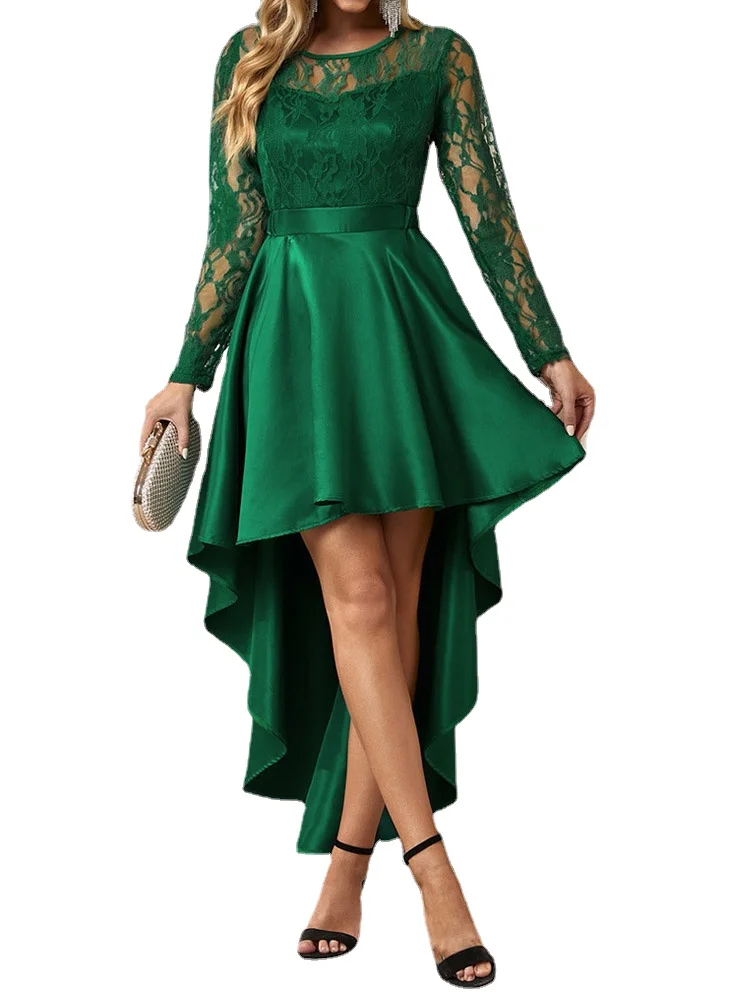 

Новинка 2023, осенне-зимнее кружевное атласное платье в стиле ретро, элегантное короткое платье с длинным рукавом, спереди и сзади, вечерние платья с высоким и низким вырезом, однотонное платье