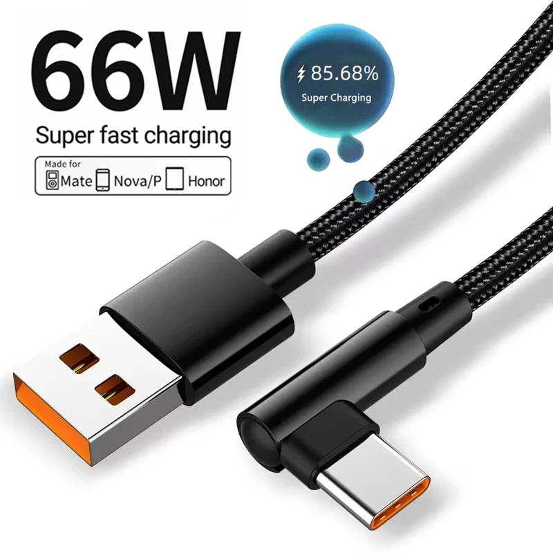 Фото USB-кабель типа C с 90-градусным локтем для быстрой зарядки для Huawei P60 Honor 200 Xiaomi 13T Redmi POCO, плетеные кабели для быстрой зарядки типа C №1