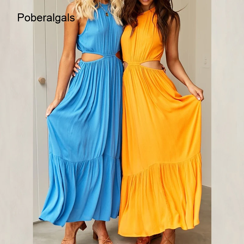 

Elegant Sexy Women Summer Dresses 2022 New Temperament Big hem O-neck Halter Sleeveless Solid Hollow High Waist Slim Long Dress
