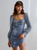 sexy mesh long sleeve v neck mini bodycon dresses for women 2022 blue fashion elegant office lady dress summer solid vestido