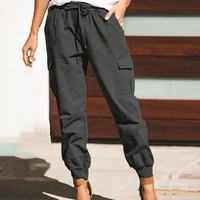 fashion lady sweatpants elastic waist drawstring straight cargo pants high rise multi pockets women pants streetwear