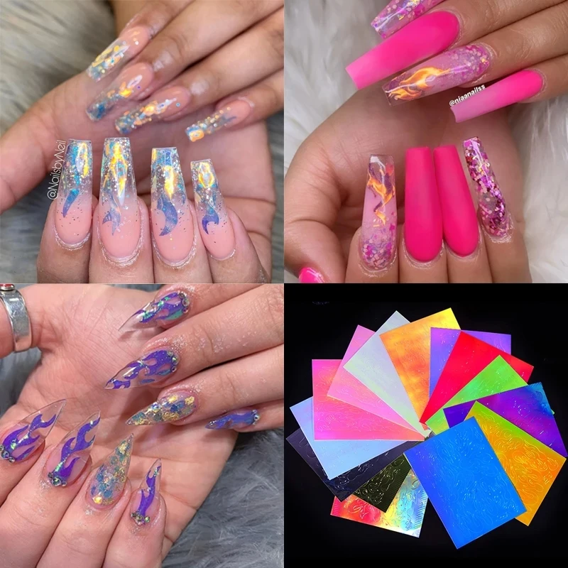 

16pcs Holographic Fire Flame Hollow Nail Stickers 3D Glitter Fires Sticker Foil Transfer Decals Laser Aurora Designs DIY Tips