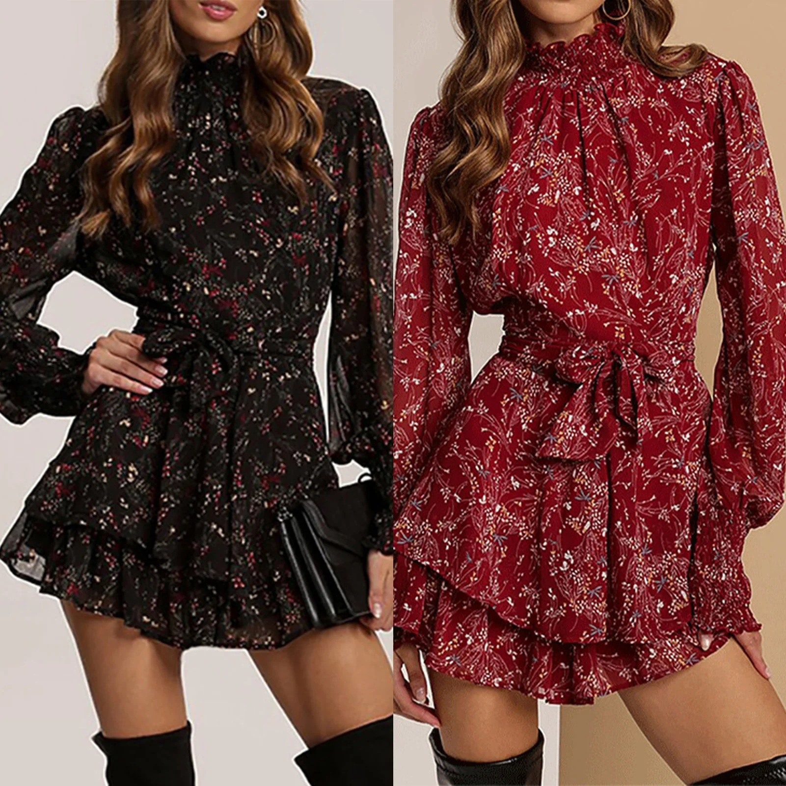 

Women Vintage Mini Dress Elegant Chiffon Tie Knot Mini Dress Casual Comfy Chic Floral Printed Aesthetic Dress