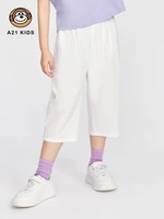 a21 girls casual pants 2022 summer new thin section refreshing simple cotton loose elastic belt button harem cropped trousers
