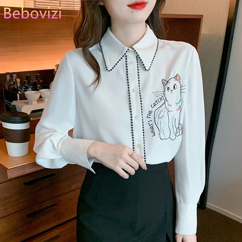 

Fashion Office Lady Blouse Top Button Up Women's Cat Letter Embroidered Long Sleeve White Chiffon Shirt