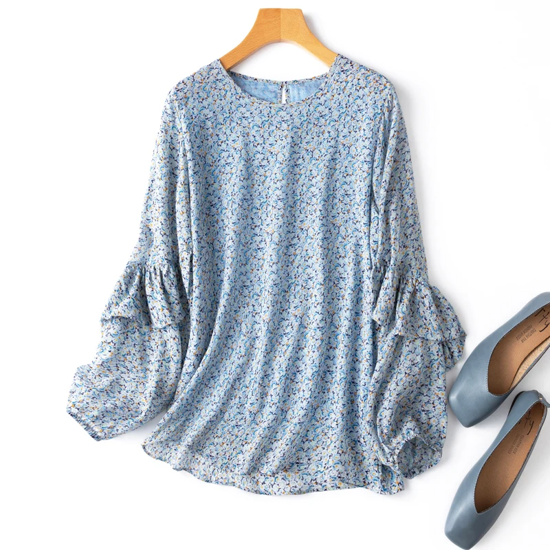 

Женская блузка из натурального шелка с круглым вырезом и длинным рукавом