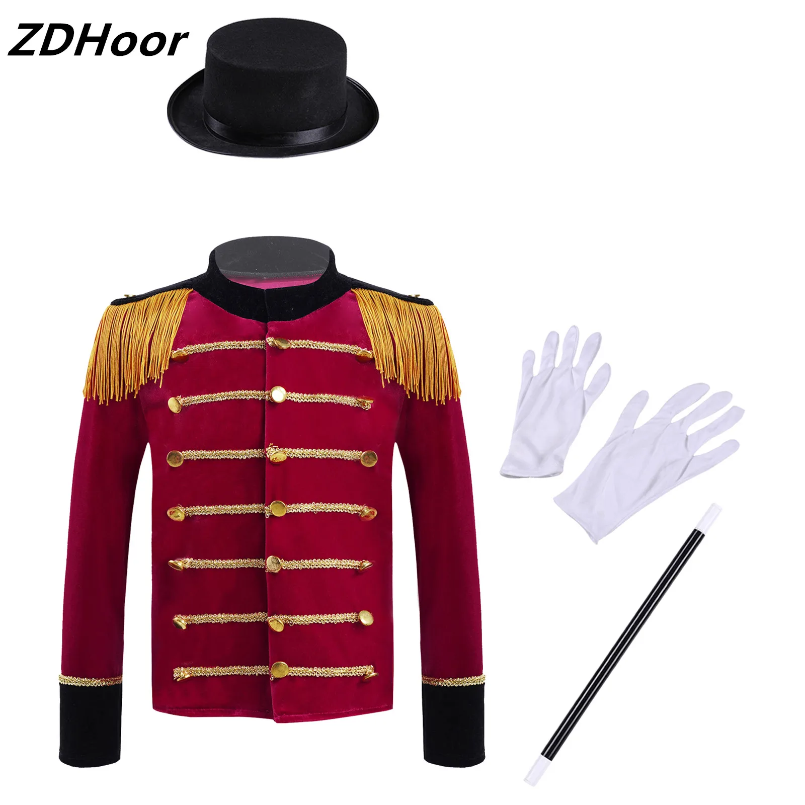 

Kids Boys Circus Costume Set Long Sleeve Stand Collar Tassel Shoulder Tops with Hat Magic Wand Gloves for Halloween Cosplay