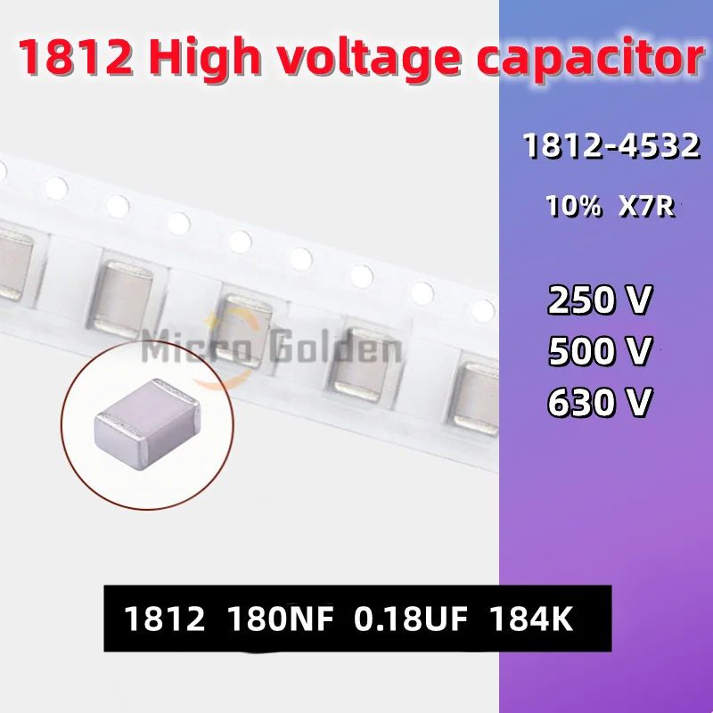 

(10pcs) 1812 SMD Ceramic Capacitor 1812 180NF 0.18UF 184K 250V 500V 630V 10% X7R 4532 High Voltage Non-polarity Capacitance MLCC