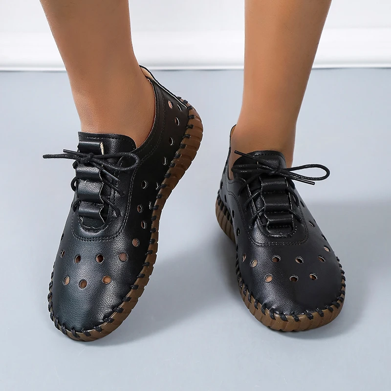 

2022 New Designer Woman Flats Breathable Sew Oxford Sneakers Women Casual Lace Up Split Leather Hollow Moccasins Loafer Shoes