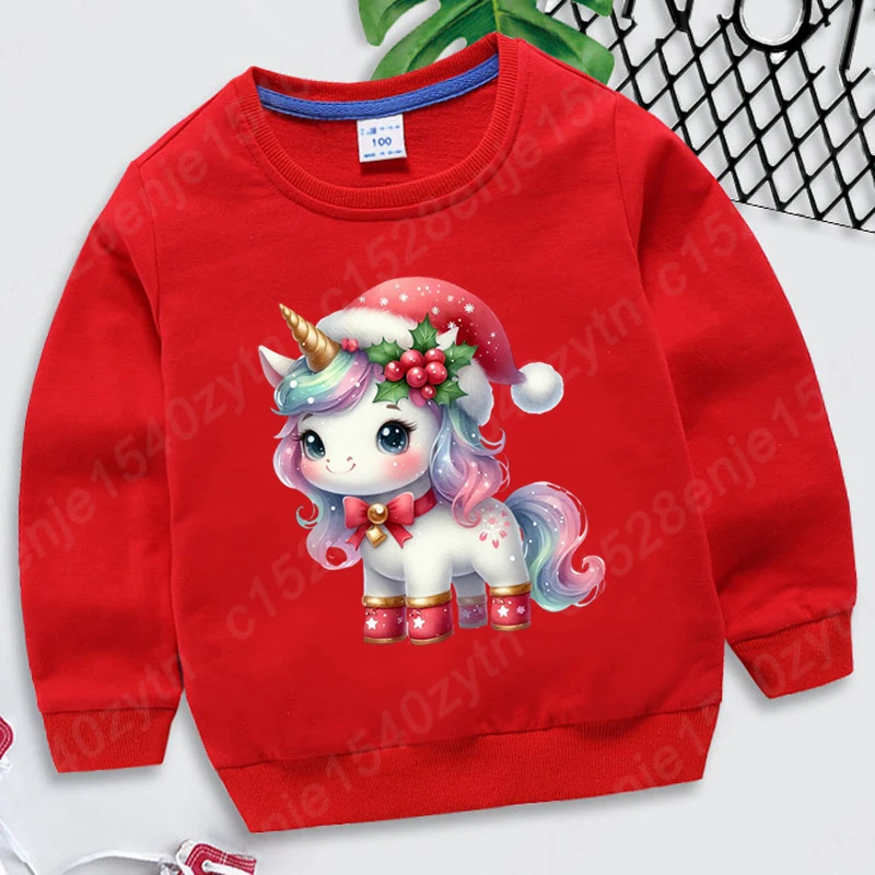 Children Hoodless Sweatshirt Christmas Unicorn Print Round Neck Pullovers Kids Boys Girls Casual Solid Color Plus Size