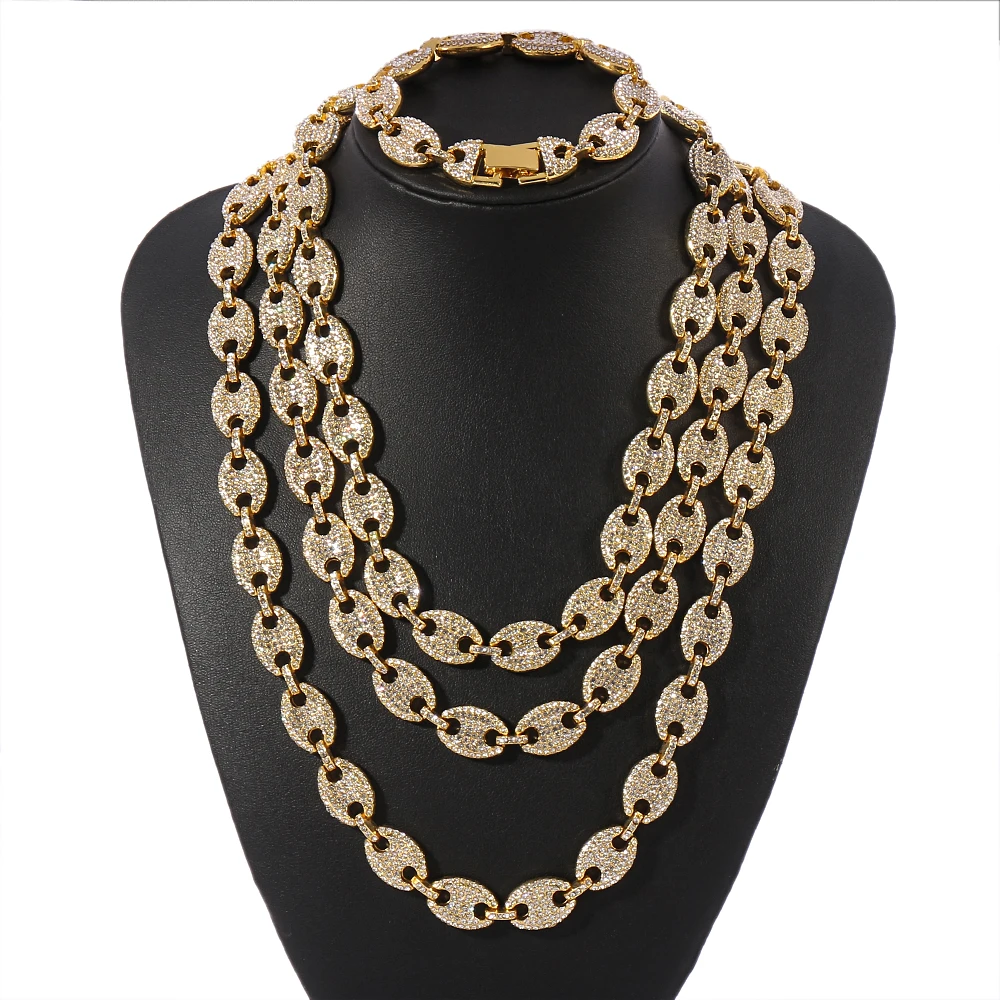 

Street Punk Diamond-Encrusted Coffee Bean Necklace Gold Pig Nose Cuban Chain Hip-Hop Rock Men Women Rap Accessories