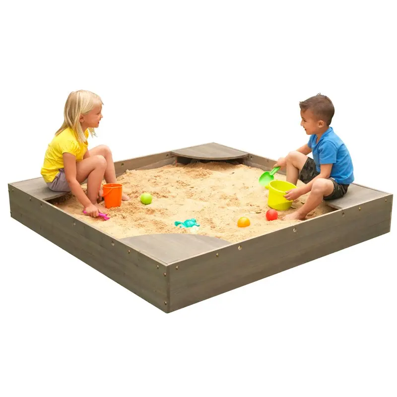

Wooden Backyard Sandbox with Corner Seating and Mesh Cover