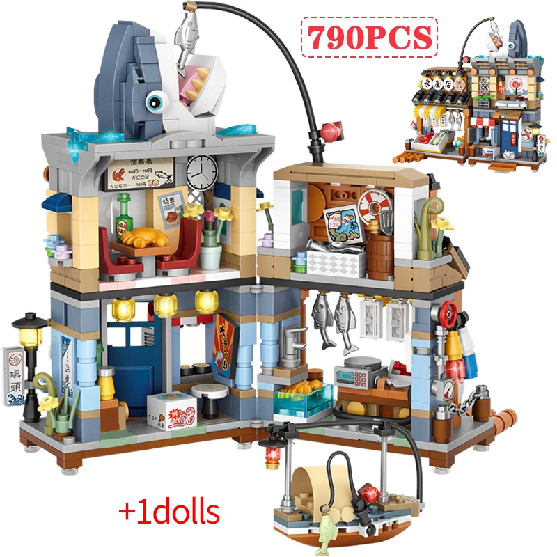 

789pcs Mini City Street View Izakaya House Architecture Building Blocks Friends Japanese Fish Shop Figures Bricks Toys for Kids