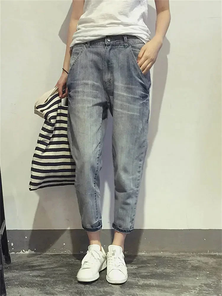 

16023 Women's Jeans Spring Korean Style Loose Office Ladies Streetwear Sid Cor Light Blue Elastic Bleach Scratch Denim Pants