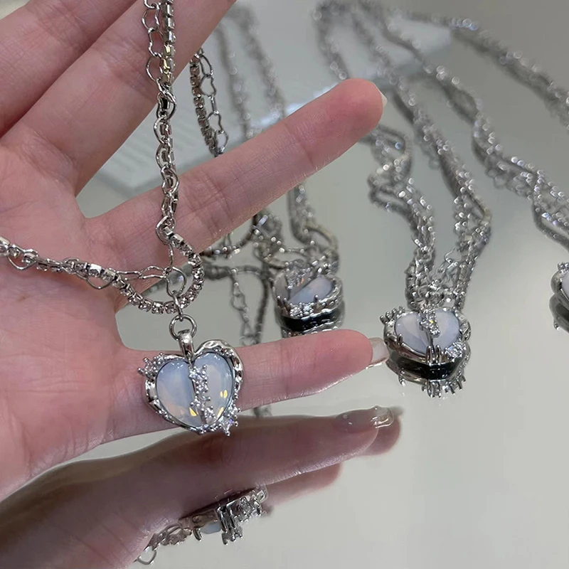 

Многослойное блестящее ожерелье с подвеской Y2K сердце серебряного цвета цепочка Чокеры ювелирные изделия Модные трендовые украшения