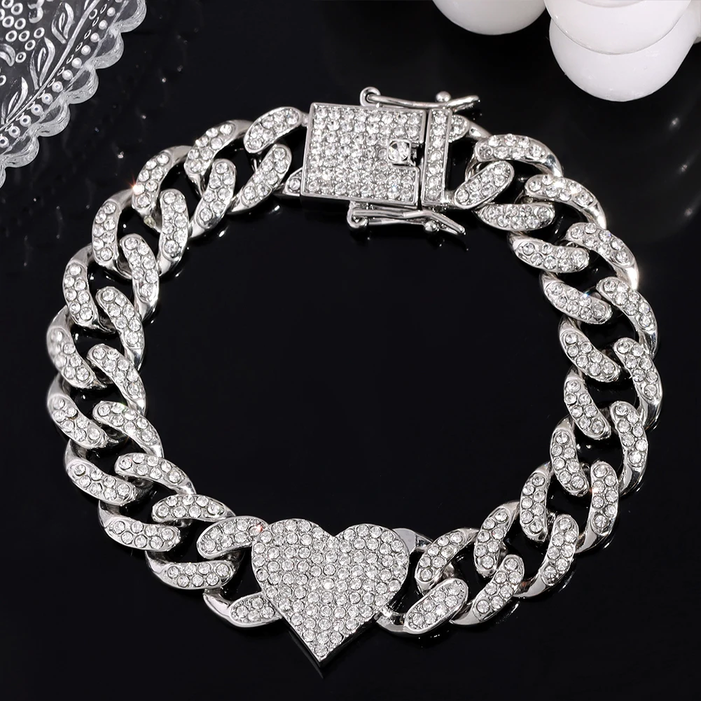 

Flatfoosie New Luxury Bling Crystal Heart Cuban Chain Bracelet for Women Hip Hop Iced Out Pave Curb Cuban Link Bracelets Jewelry