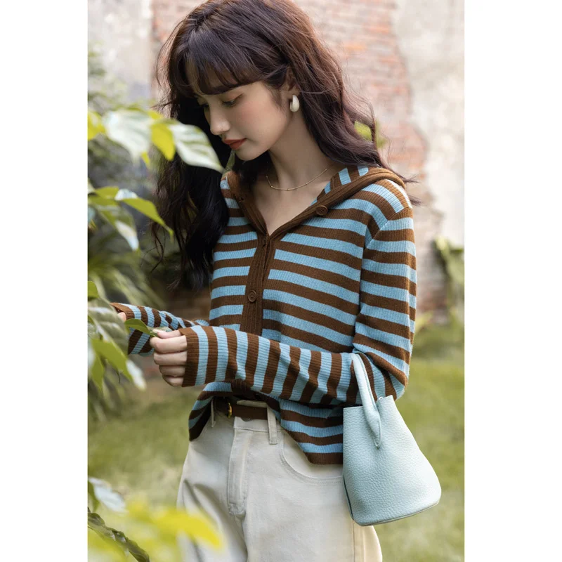 

2022 Autumn Women's Cardigans Hooded Striped Knitted Female Casual Single Breasted Slim Thin Coats Office Lady MXB31Z0770