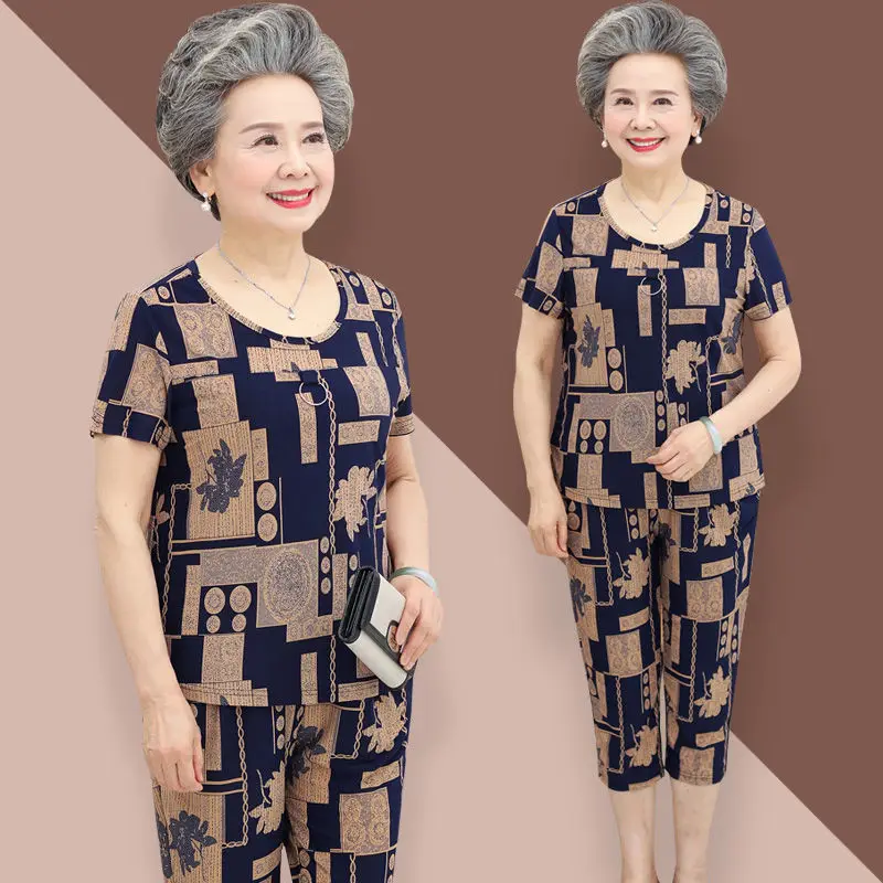 

2022 Summer Middle Age Elderly Women Suit Short-Sleeved T-Shirt Tops+Pants Two-Piece Sets Casual 5XL Ice Silk Set C85