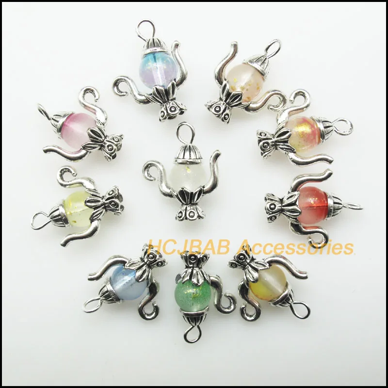 10 шт. античные серебряные смешанные стеклянные круглые матовые бусины подвески в виде чайника 19x22 мм