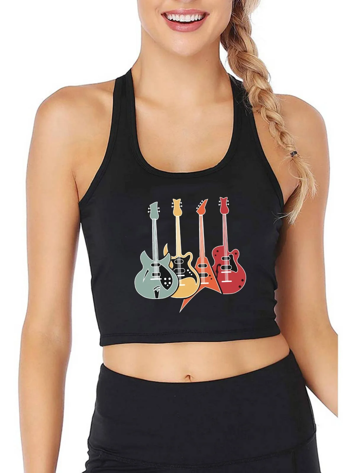 

Retro Guitars Bass Print Breathable Slim Fit Tank Top Music Lover Funny Guitarist Bassist Gift Crop Tops Summer Shirt