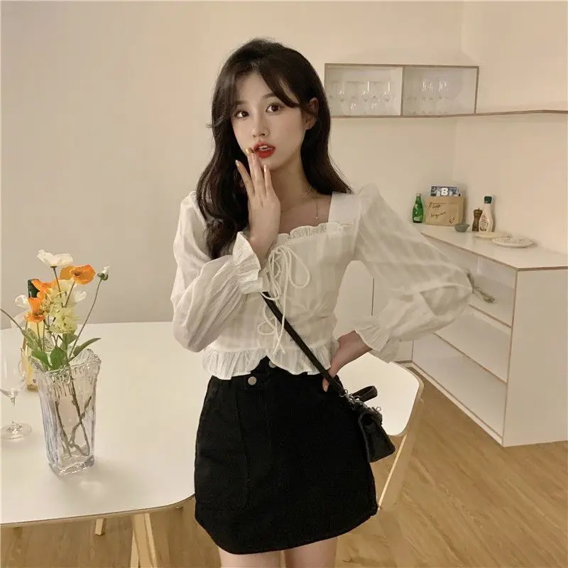

Японская рубашка для девушек, милые пикантные дизайнерские весенние топы с квадратным вырезом, модные однотонные приталенные рукава, милые модные топы для колледжа