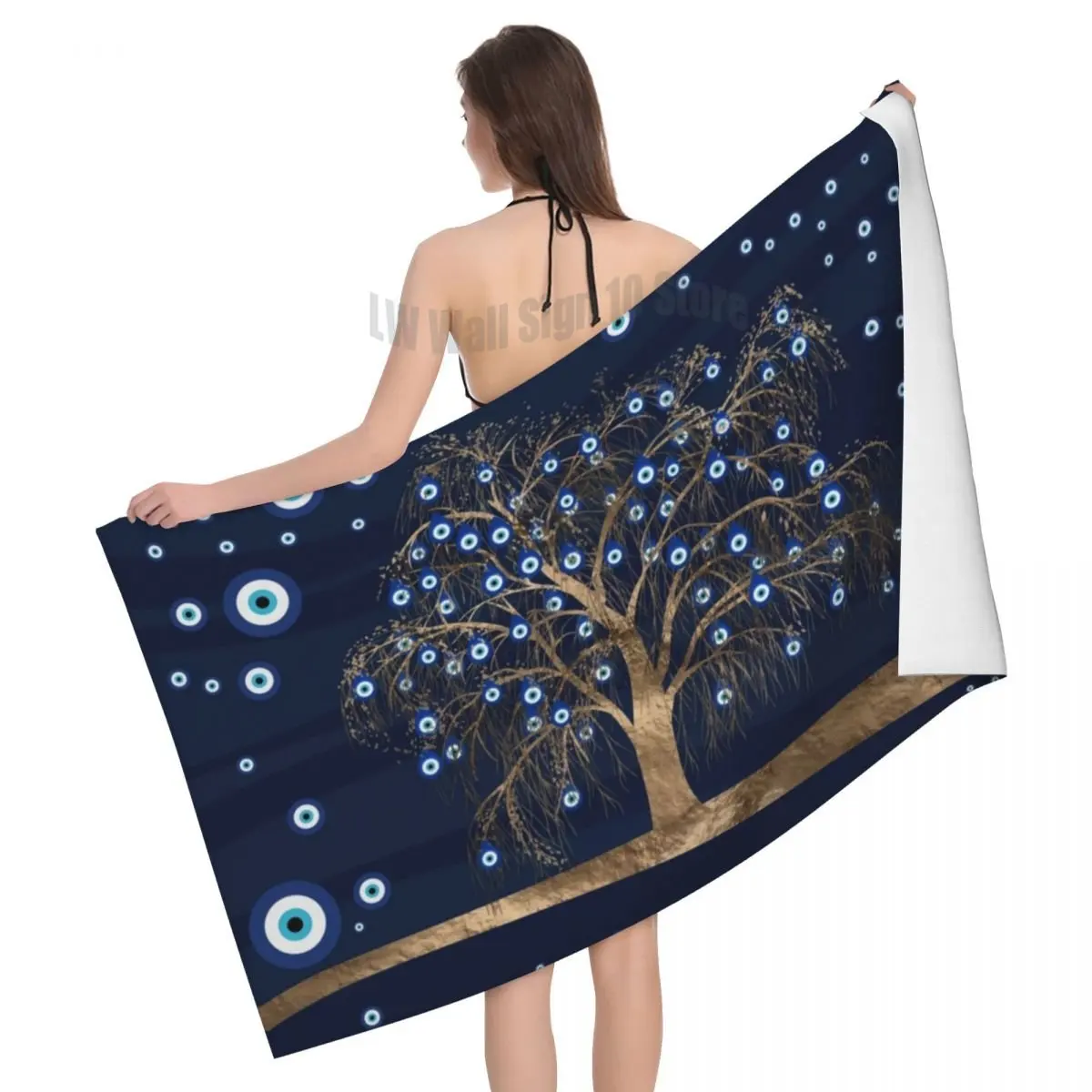 

Charm Tree Gold On Dark Blue Breathable Microfiber Beach Bath Towel Quick Dry Amulet Nazar Evil Eye Shower Pool Towels