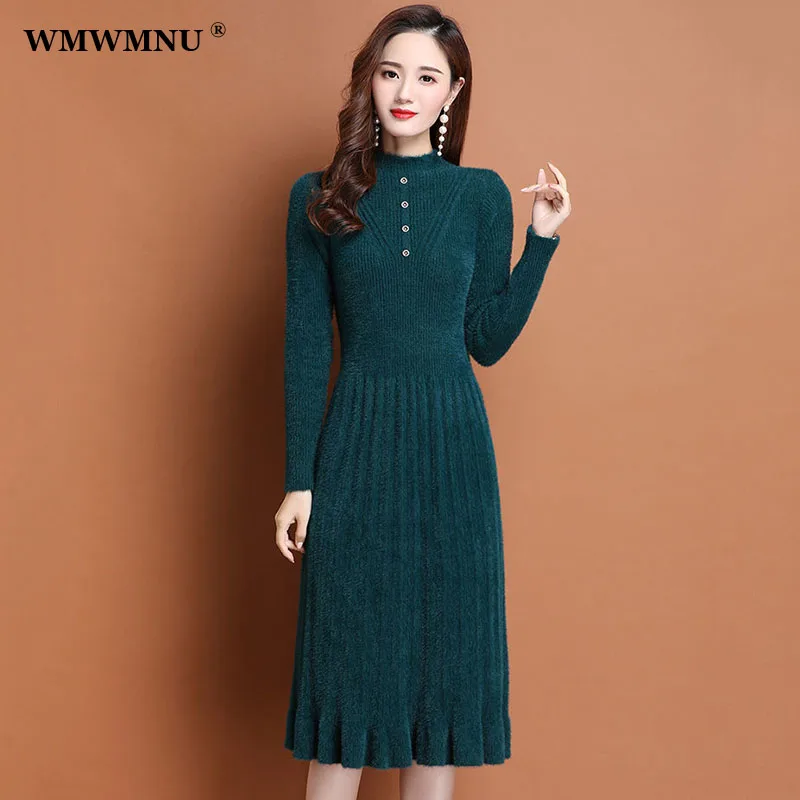 Casual Soft Faux Mink Cashmere Sweater Dress Women Fall Korean Half Turtleneck Long Sleeve Knitted Dresses Elegant Vestido Mujer